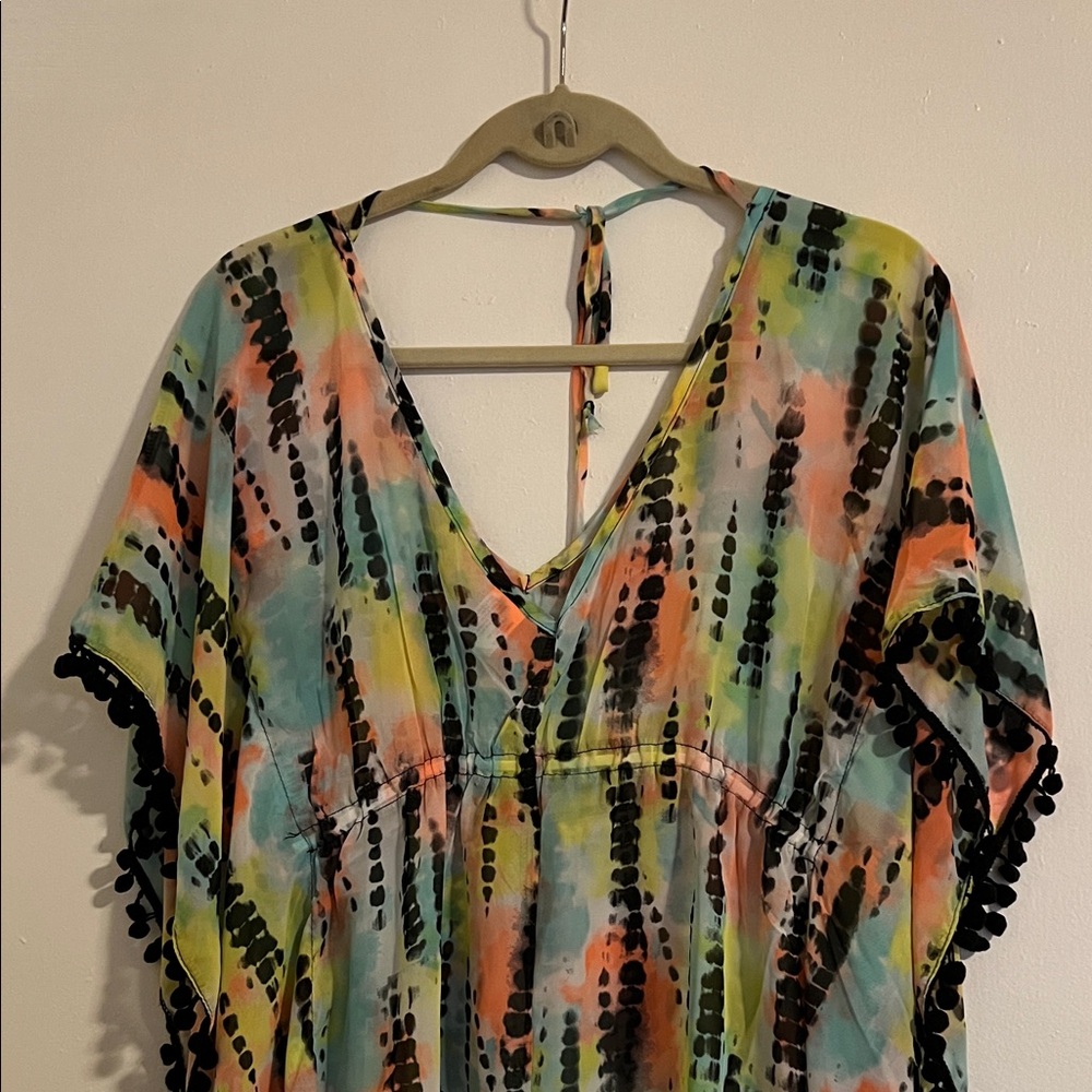 Tie Dye & Black Pompom Coverup
